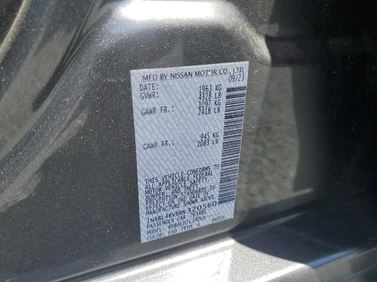 2024 Nissan Altima S VIN: 1N4BL4BV6RN320560 Lot: 65609175