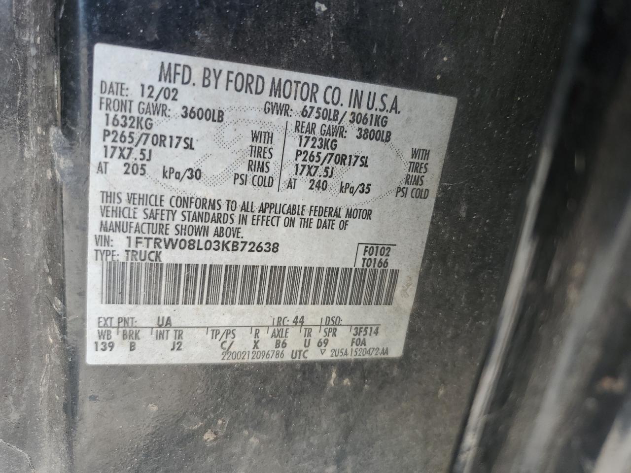 2003 Ford F150 Supercrew VIN: 1FTRW08L03KB72638 Lot: 65575905