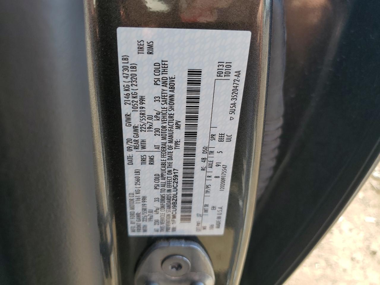2020 Ford Escape Se Sport VIN: 1FMCU9BZ0LUC25917 Lot: 65513745
