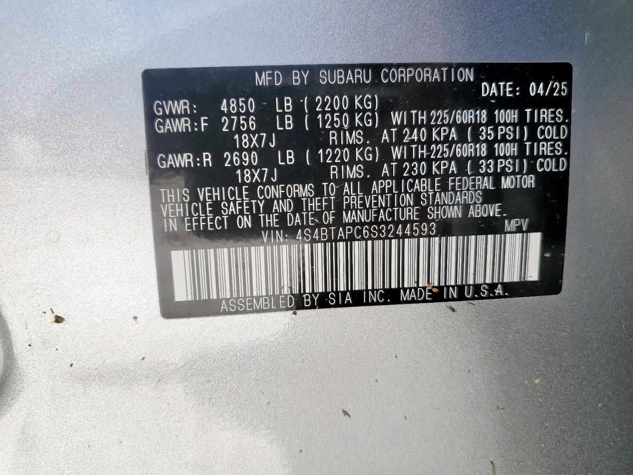 2025 Subaru Outback Touring VIN: 4S4BTAPC6S3244593 Lot: 64820975