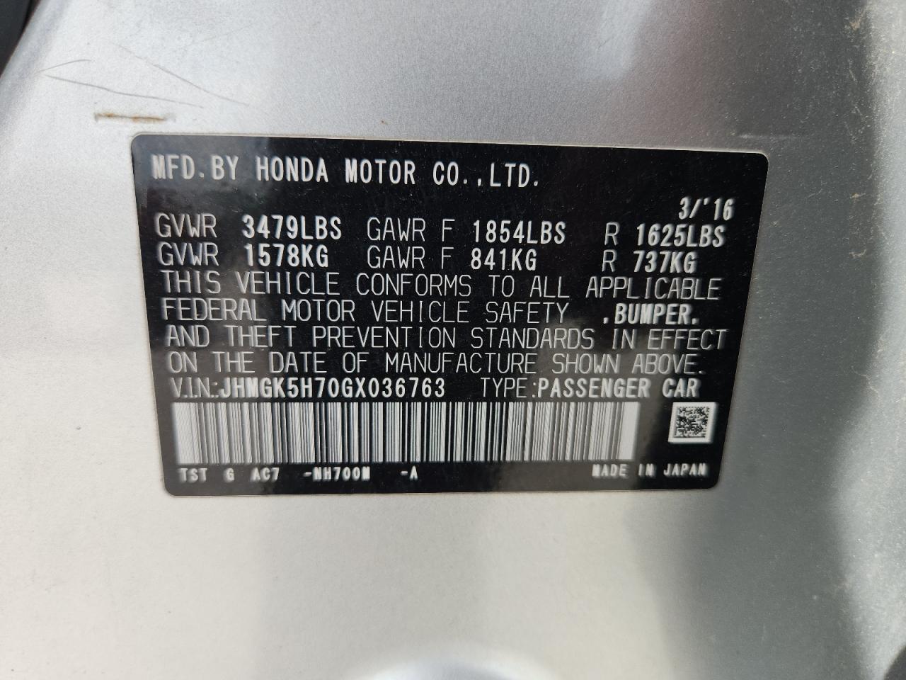2016 Honda Fit Ex VIN: JHMGK5H70GX036763 Lot: 62942895