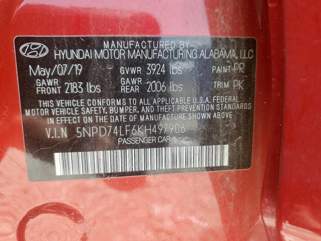2019 Hyundai Elantra Se VIN: 5NPD74LF6KH497906 Lot: 63308815
