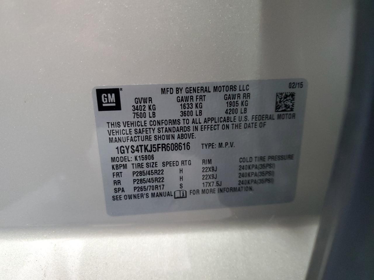 2015 Cadillac Escalade Esv Premium VIN: 1GYS4TKJ5FR608616 Lot: 62743285