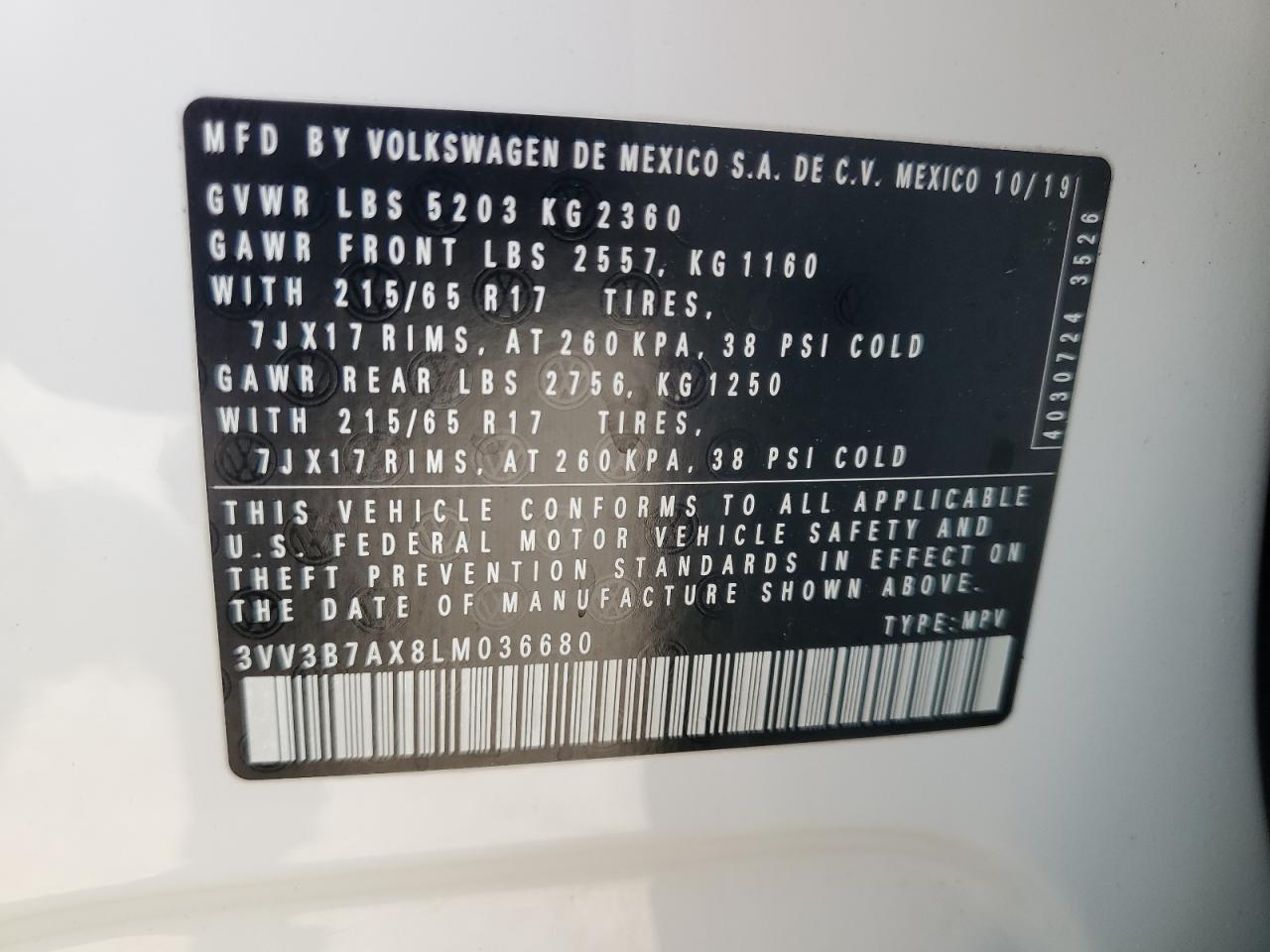 2020 Volkswagen Tiguan Se VIN: 3VV3B7AX8LM036680 Lot: 64269425