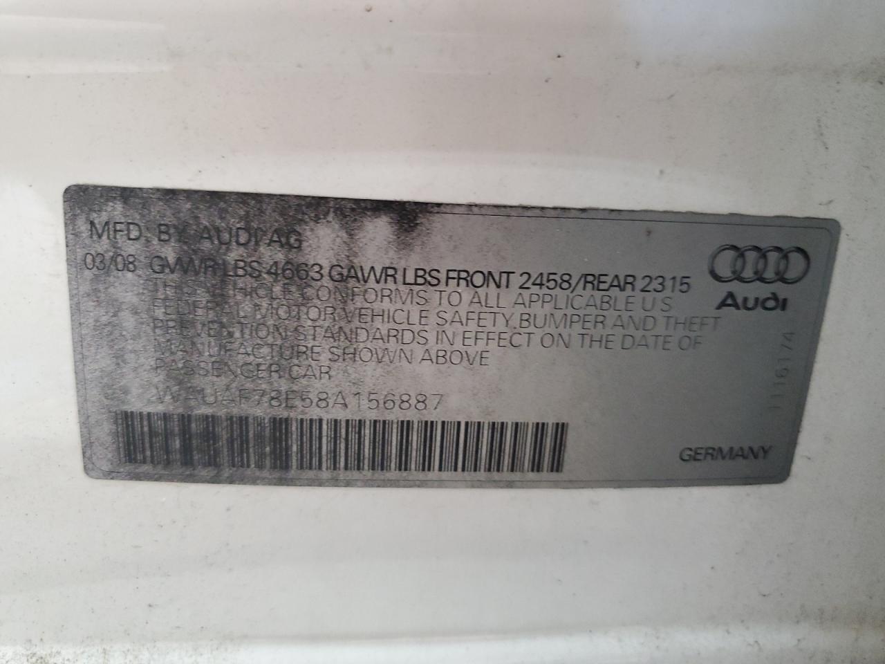 2008 Audi A4 2.0T VIN: WAUAF78E58A156887 Lot: 65116845