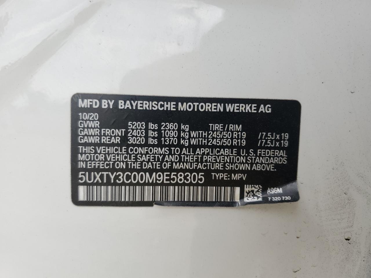 2021 BMW X3 Sdrive30I VIN: 5UXTY3C00M9E58305 Lot: 65263855