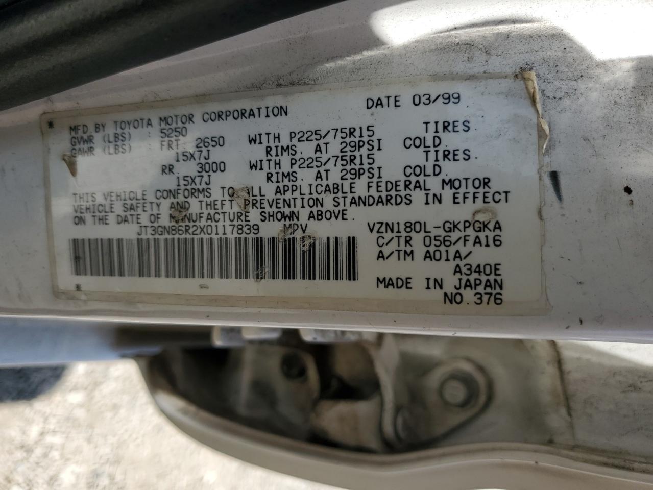1999 Toyota 4Runner Sr5 VIN: JT3GN86R2X0117839 Lot: 65480665