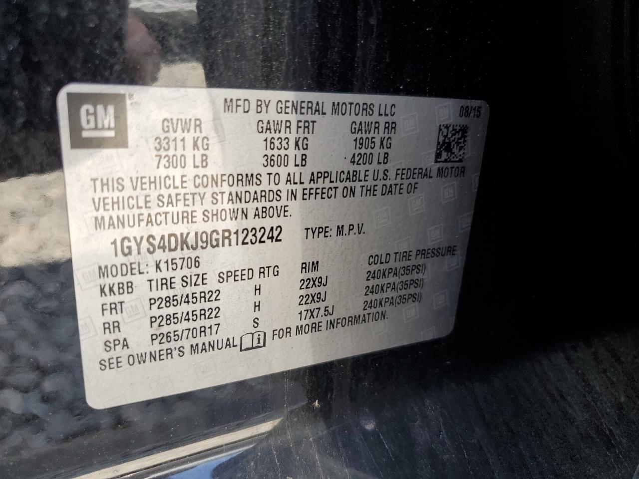 2016 Cadillac Escalade Platinum VIN: 1GYS4DKJ9GR123242 Lot: 59787415