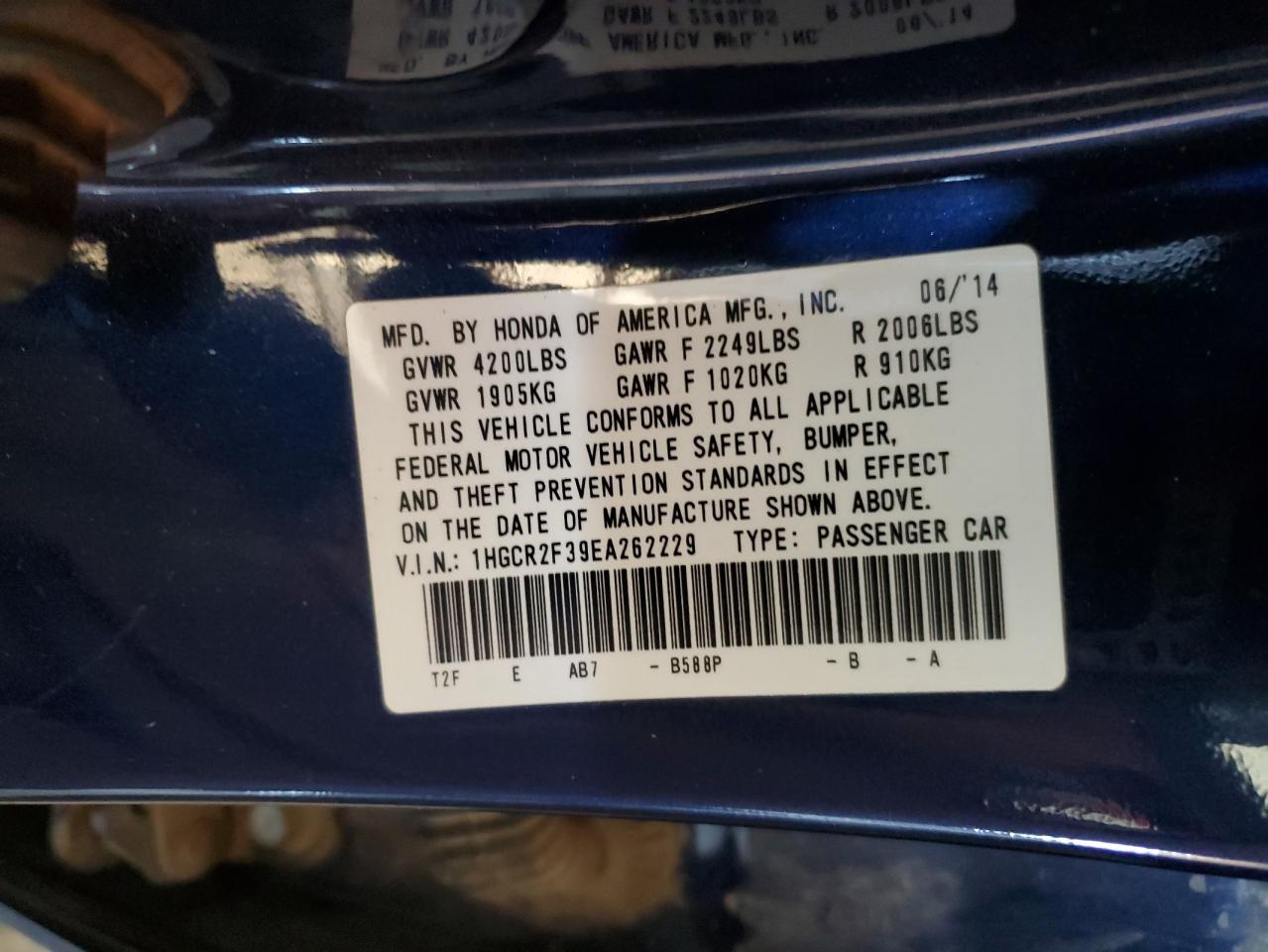2014 Honda Accord Lx VIN: 1HGCR2F39EA262229 Lot: 64745005