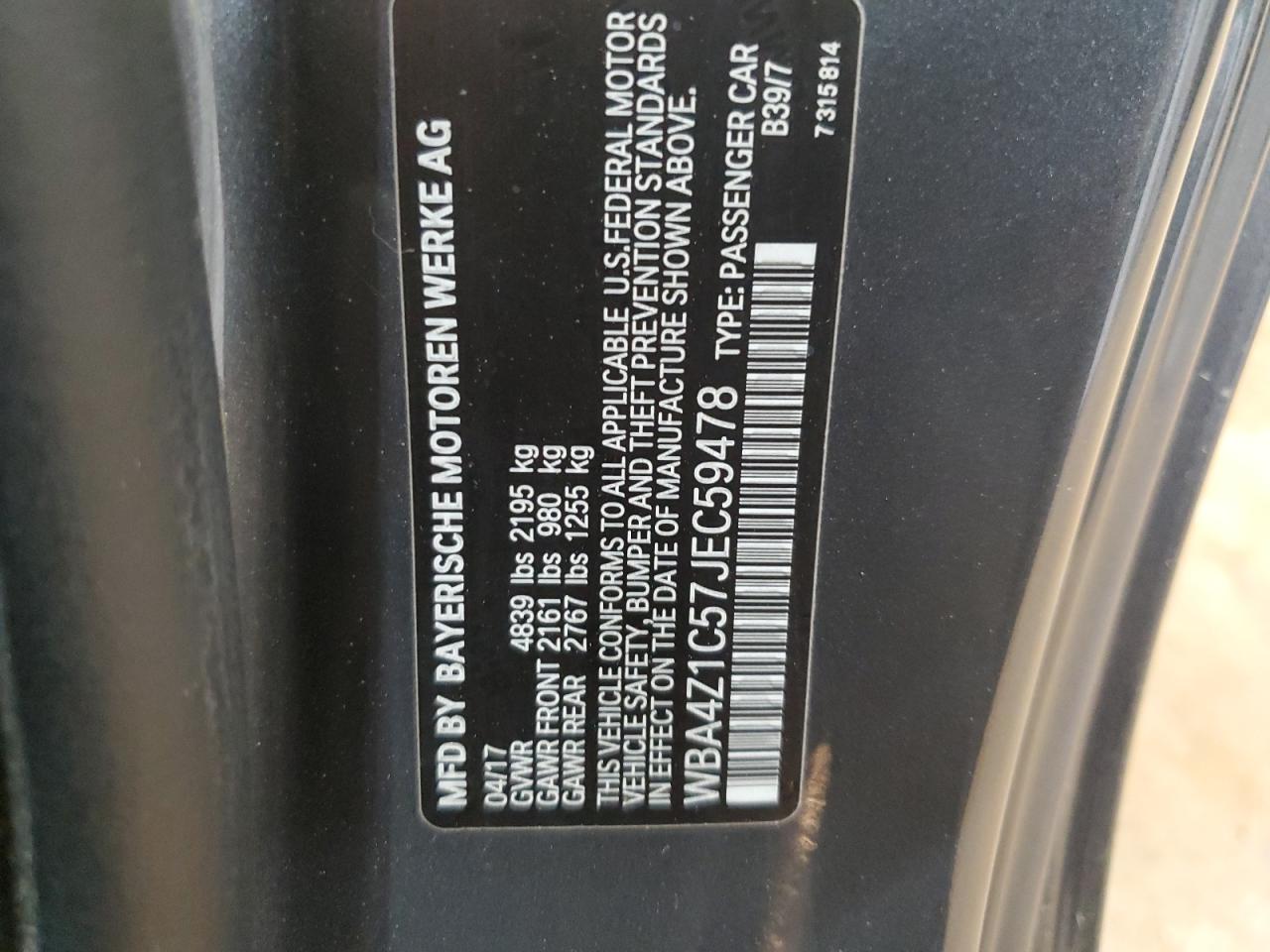 2018 BMW 430I VIN: WBA4Z1C57JEC59478 Lot: 59487625