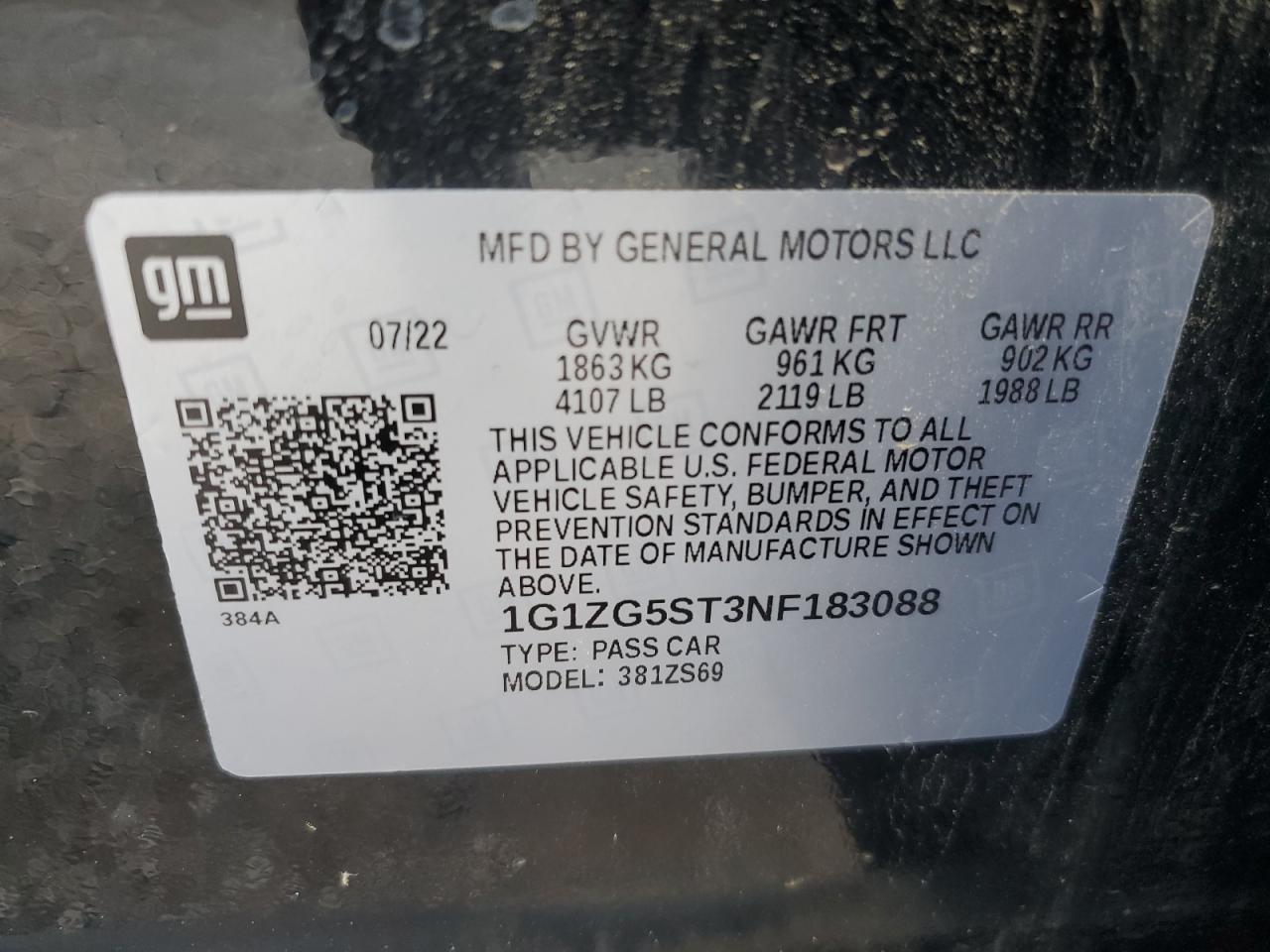 2022 Chevrolet Malibu Rs VIN: 1G1ZG5ST3NF183088 Lot: 64035615