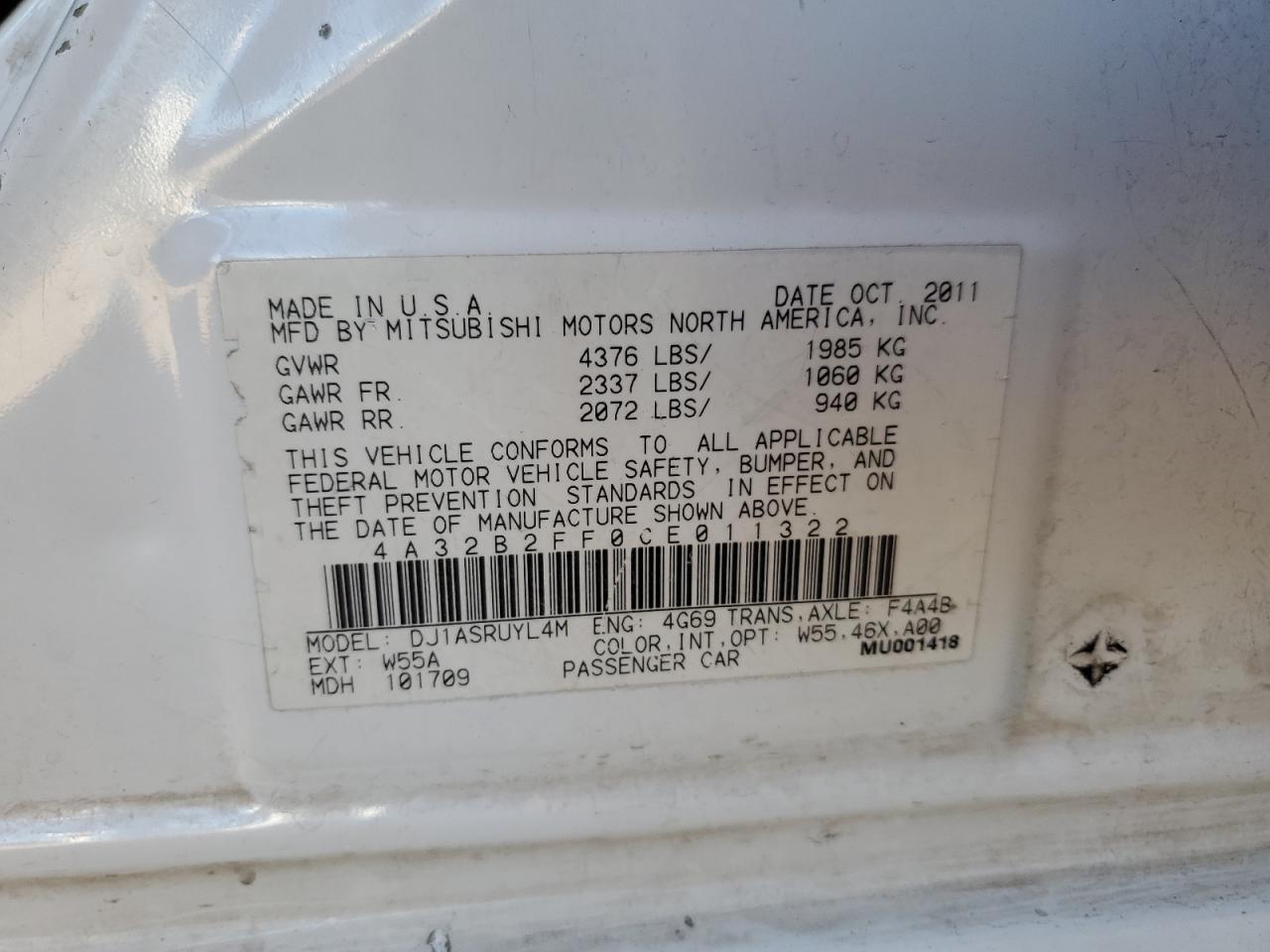 2012 Mitsubishi Galant Fe VIN: 4A32B2FF0CE011322 Lot: 63534985