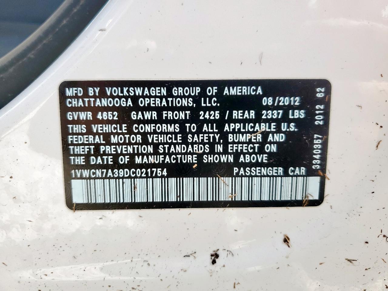 2013 Volkswagen Passat Sel VIN: 1VWCN7A39DC021754 Lot: 64791685