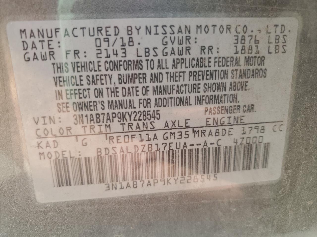 2019 Nissan Sentra S VIN: 3N1AB7AP9KY228545 Lot: 64971555