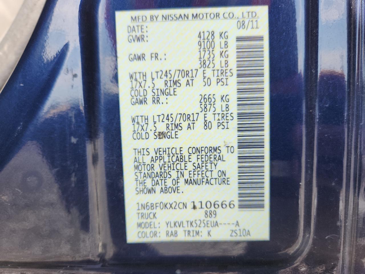 2012 Nissan Nv 1500 VIN: 1N6BF0KX2CN110666 Lot: 63471235