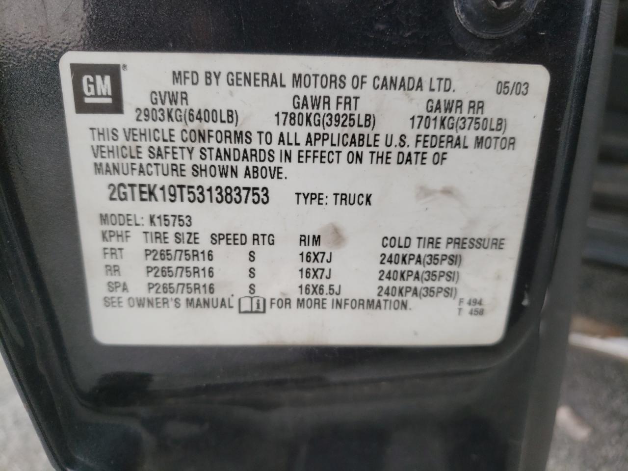 2003 GMC New Sierra K1500 VIN: 2GTEK19T531383753 Lot: 64925165