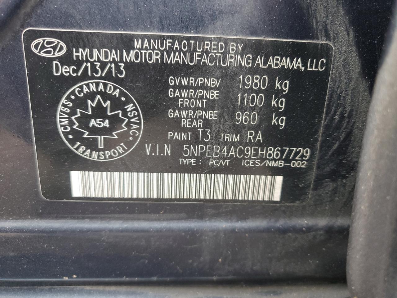2014 Hyundai Sonata Gls VIN: 5NPEB4AC9EH867729 Lot: 63876255