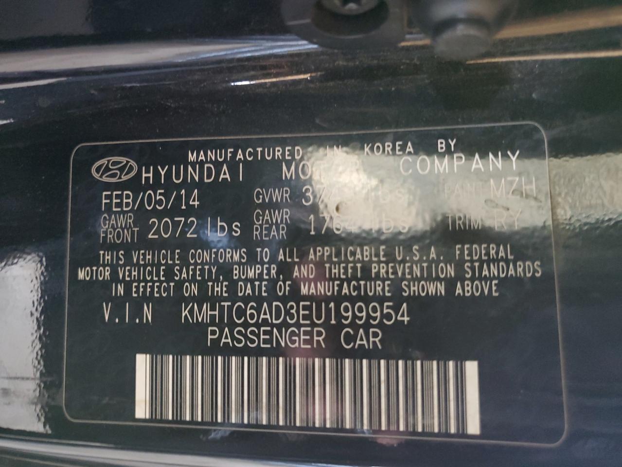 2014 Hyundai Veloster VIN: KMHTC6AD3EU199954 Lot: 66559795