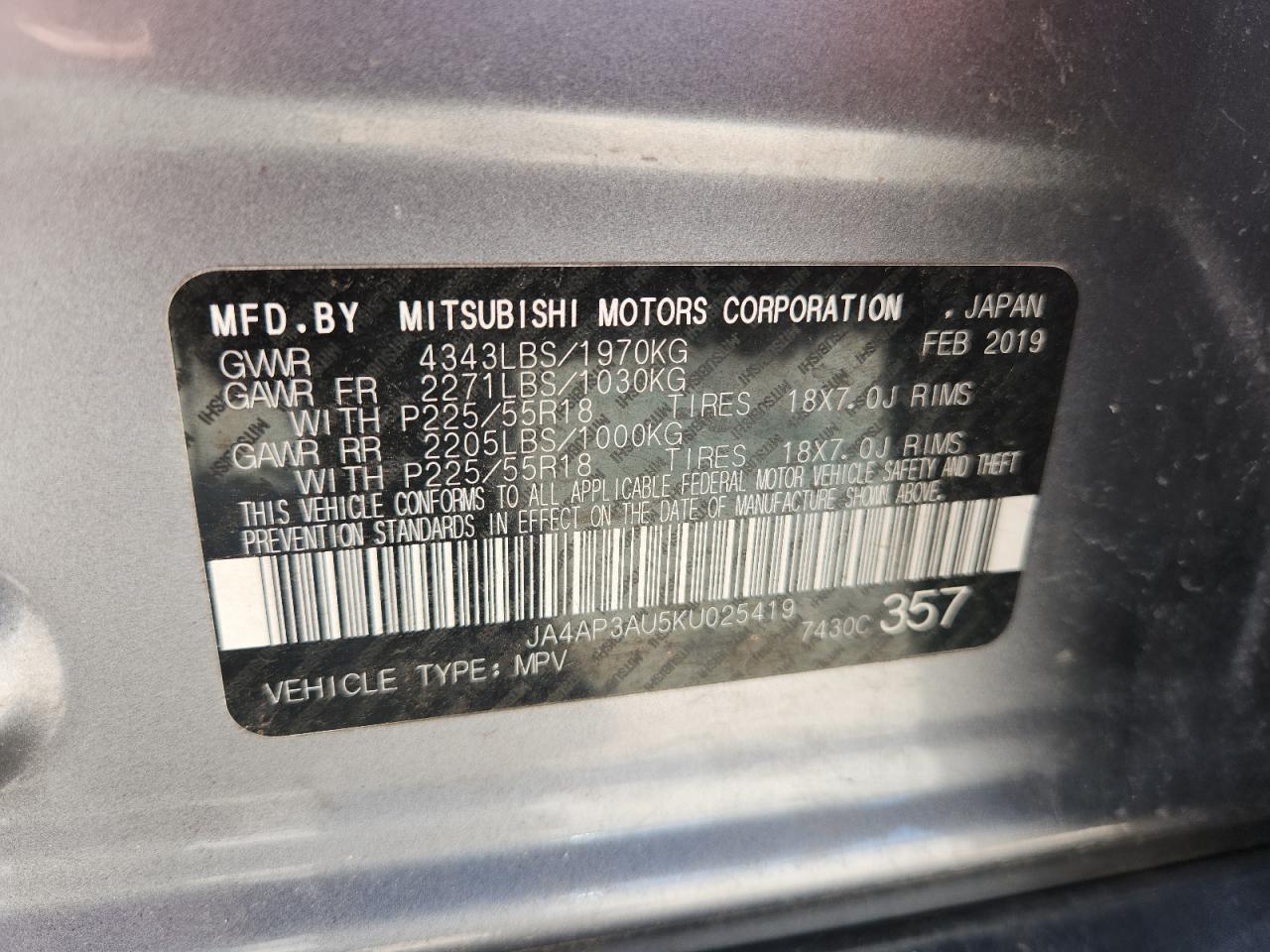 2019 Mitsubishi Outlander Sport Es VIN: JA4AP3AU5KU025419 Lot: 64748375
