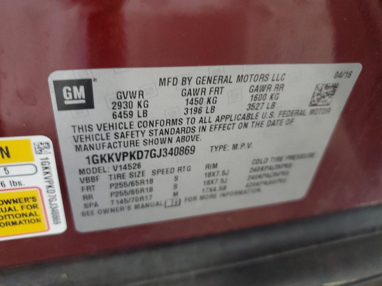 2016 GMC Acadia Sle VIN: 1GKKVPKD7GJ340869 Lot: 64311525