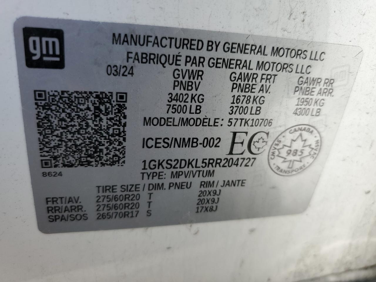 2024 GMC Yukon Denali VIN: 1GKS2DKL5RR204727 Lot: 66850425