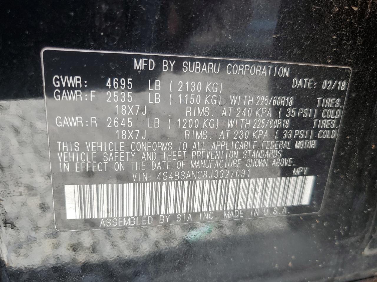 2018 Subaru Outback 2.5I Limited VIN: 4S4BSANC8J3327091 Lot: 66561325