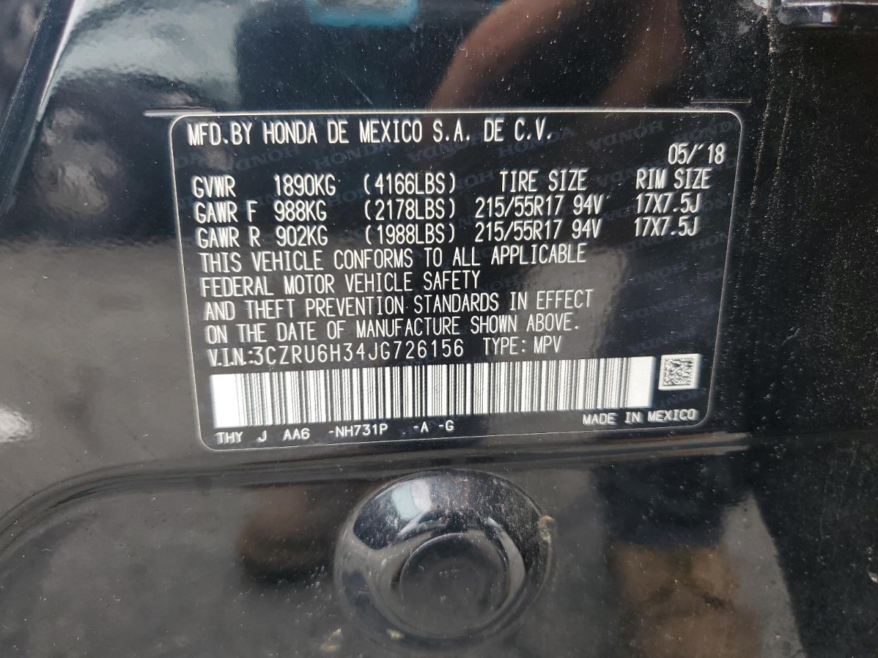2018 Honda Hr-V Lx VIN: 3CZRU6H34JG726156 Lot: 61366275