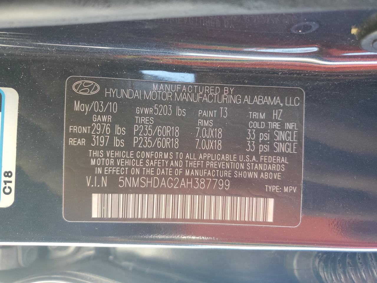 2010 Hyundai Santa Fe Se VIN: 5NMSHDAG2AH387799 Lot: 65084445