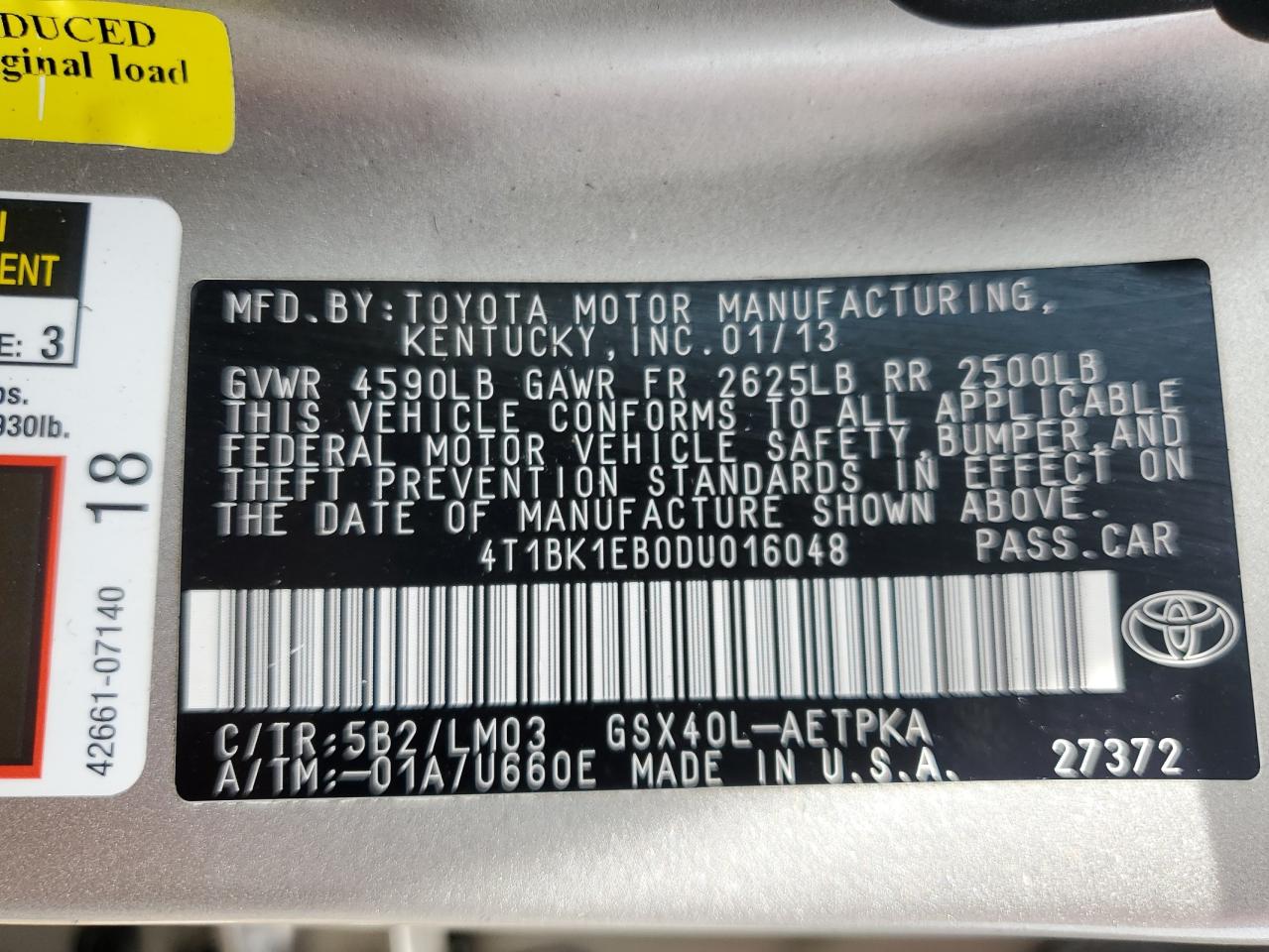 2013 Toyota Avalon Base VIN: 4T1BK1EB0DU016048 Lot: 62493335