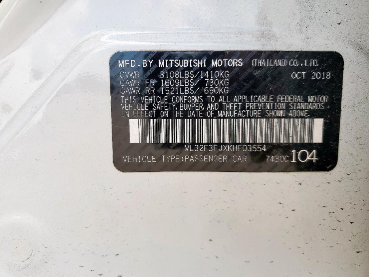 2019 Mitsubishi Mirage G4 Es VIN: ML32F3FJXKHF03554 Lot: 64559055