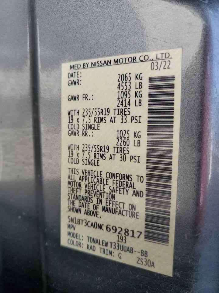 2022 Nissan Rogue Sl VIN: 5N1BT3CA0NC692817 Lot: 65216175