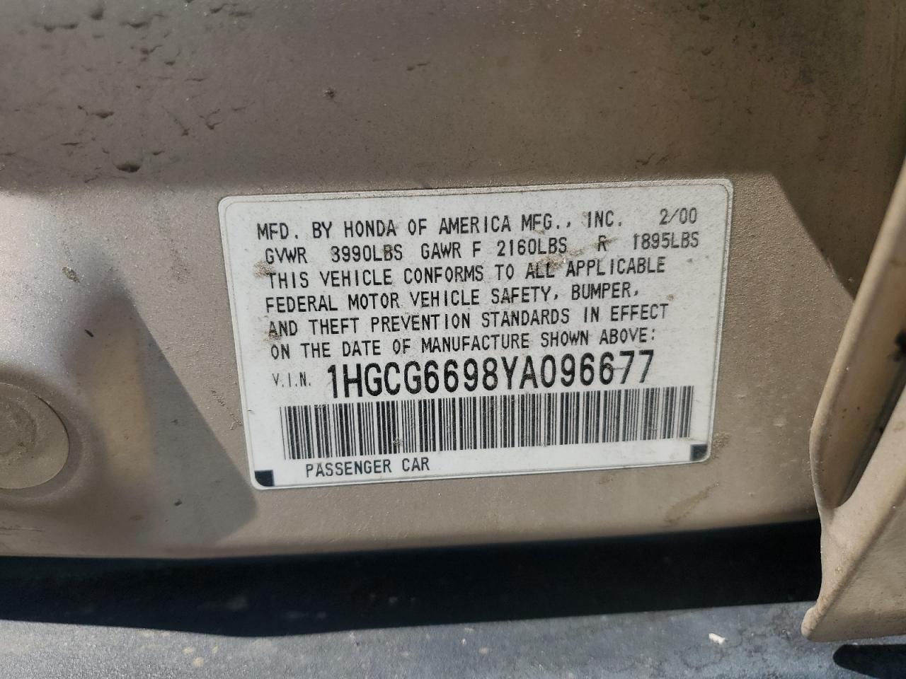 2000 Honda Accord Se VIN: 1HGCG6698YA096677 Lot: 64393205