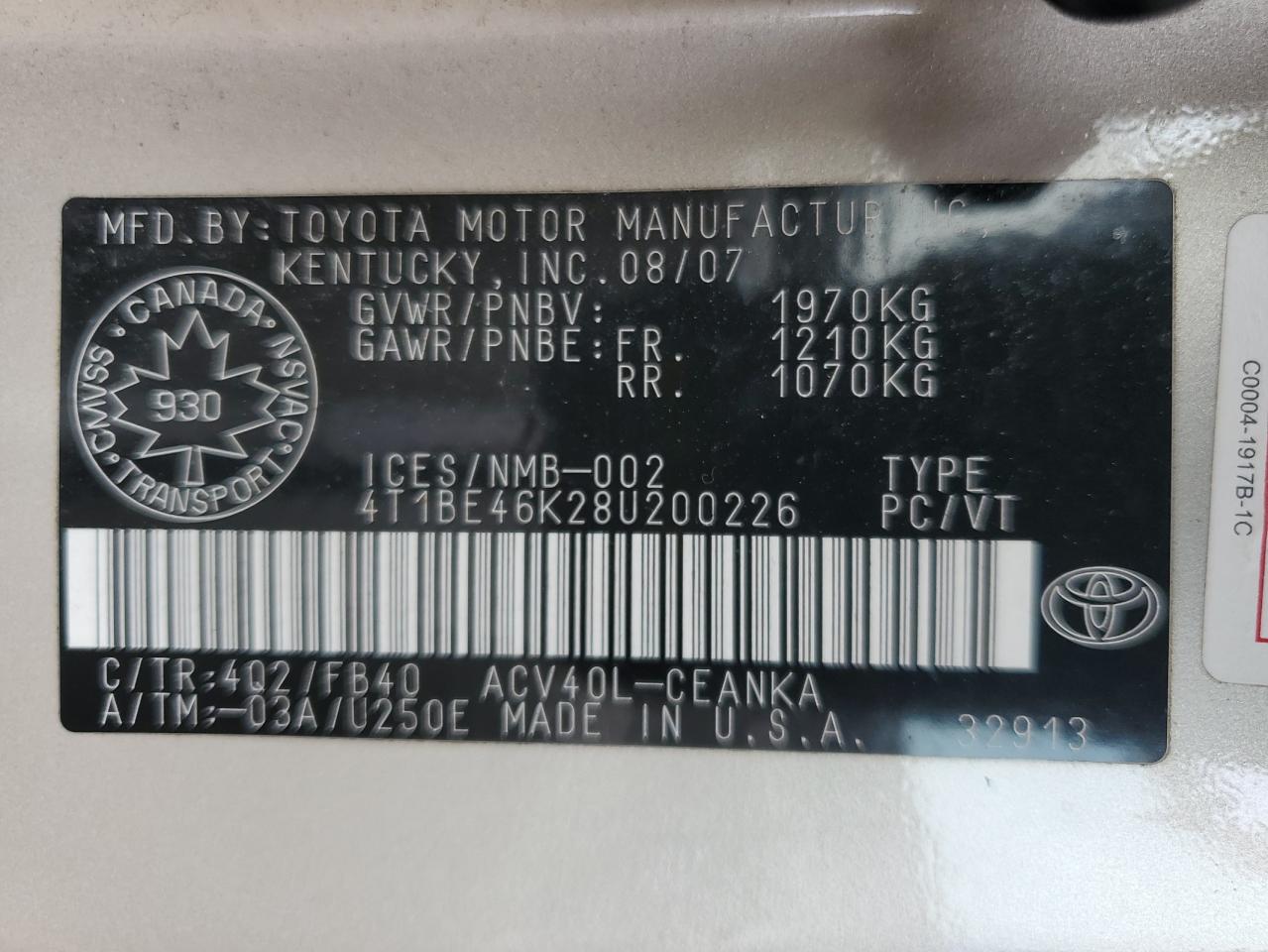 2008 Toyota Camry Ce VIN: 4T1BE46K28U200226 Lot: 63895035