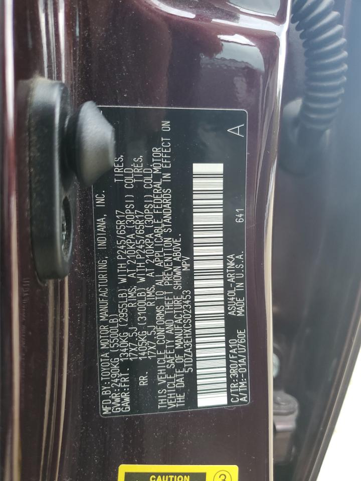 2012 Toyota Highlander Base VIN: 5TDZA3EHXCS023453 Lot: 64404715