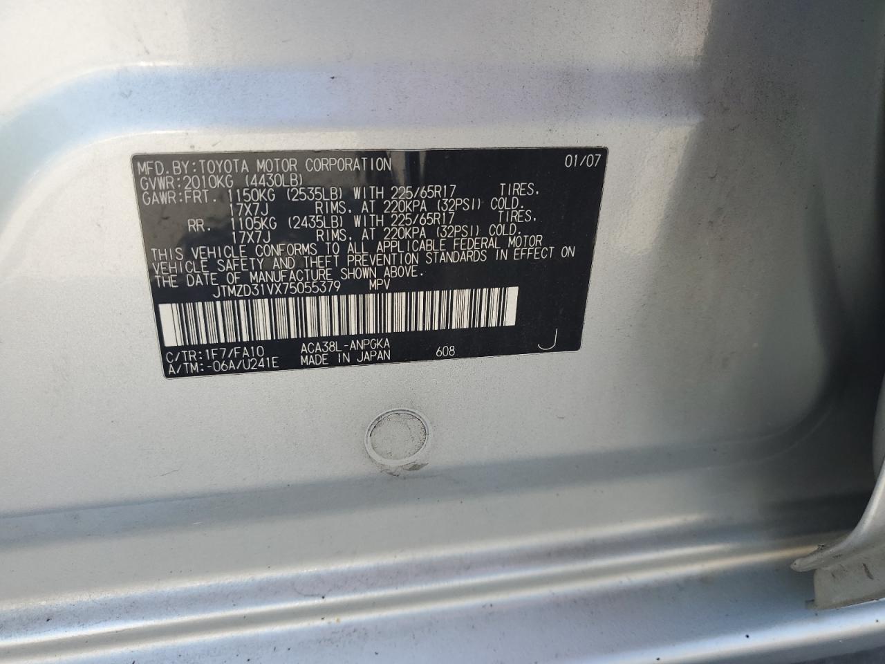 2007 Toyota Rav4 Limited VIN: JTMZD31VX75055379 Lot: 65724255