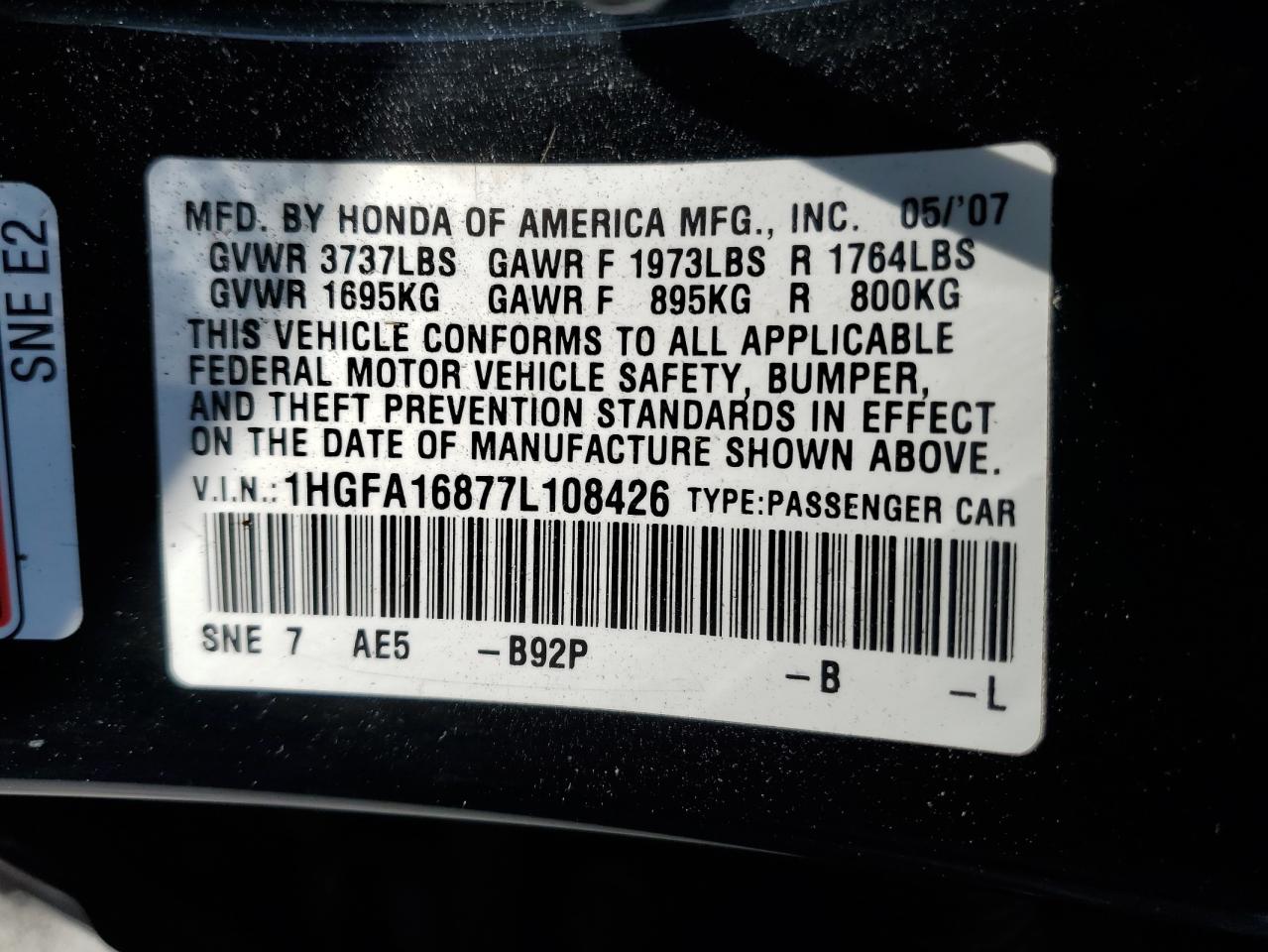 2007 Honda Civic Ex VIN: 1HGFA16877L108426 Lot: 65478845