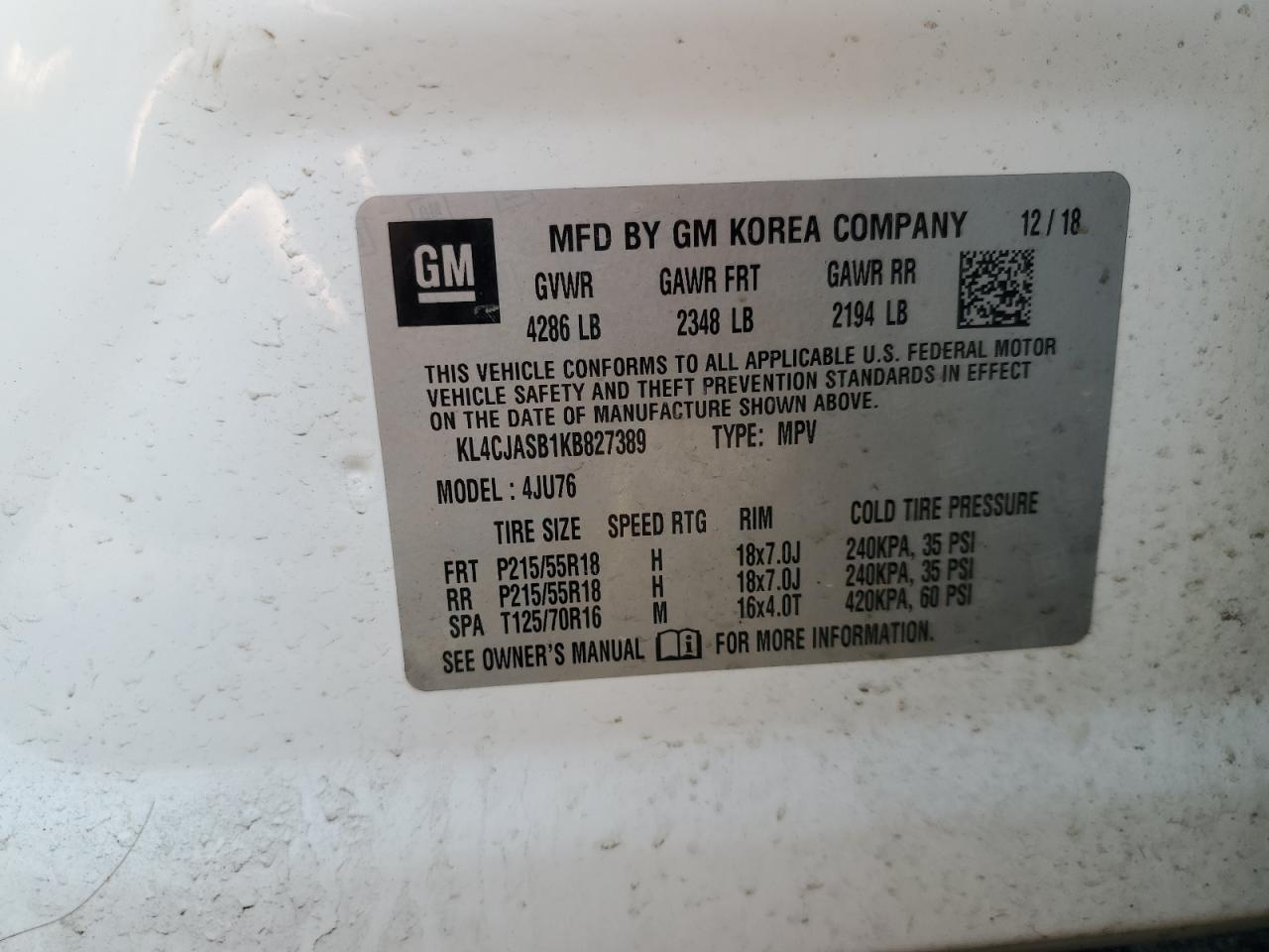 2019 Buick Encore Preferred VIN: KL4CJASB1KB827389 Lot: 66531115