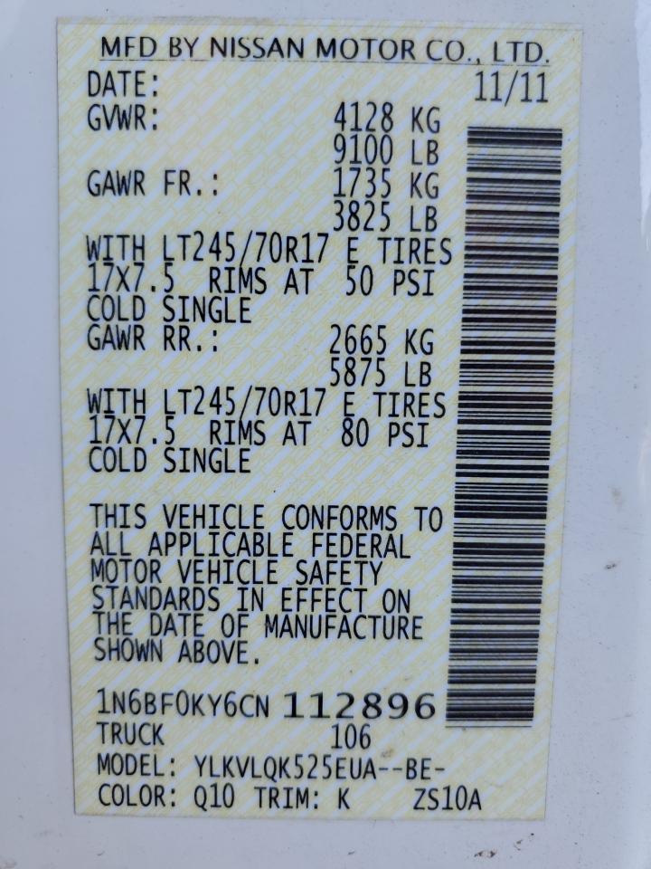 2012 Nissan Nv 1500 VIN: 1N6BF0KY6CN112896 Lot: 64482005