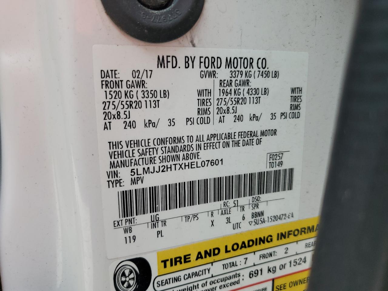 2017 Lincoln Navigator Select VIN: 5LMJJ2HTXHEL07601 Lot: 66927825