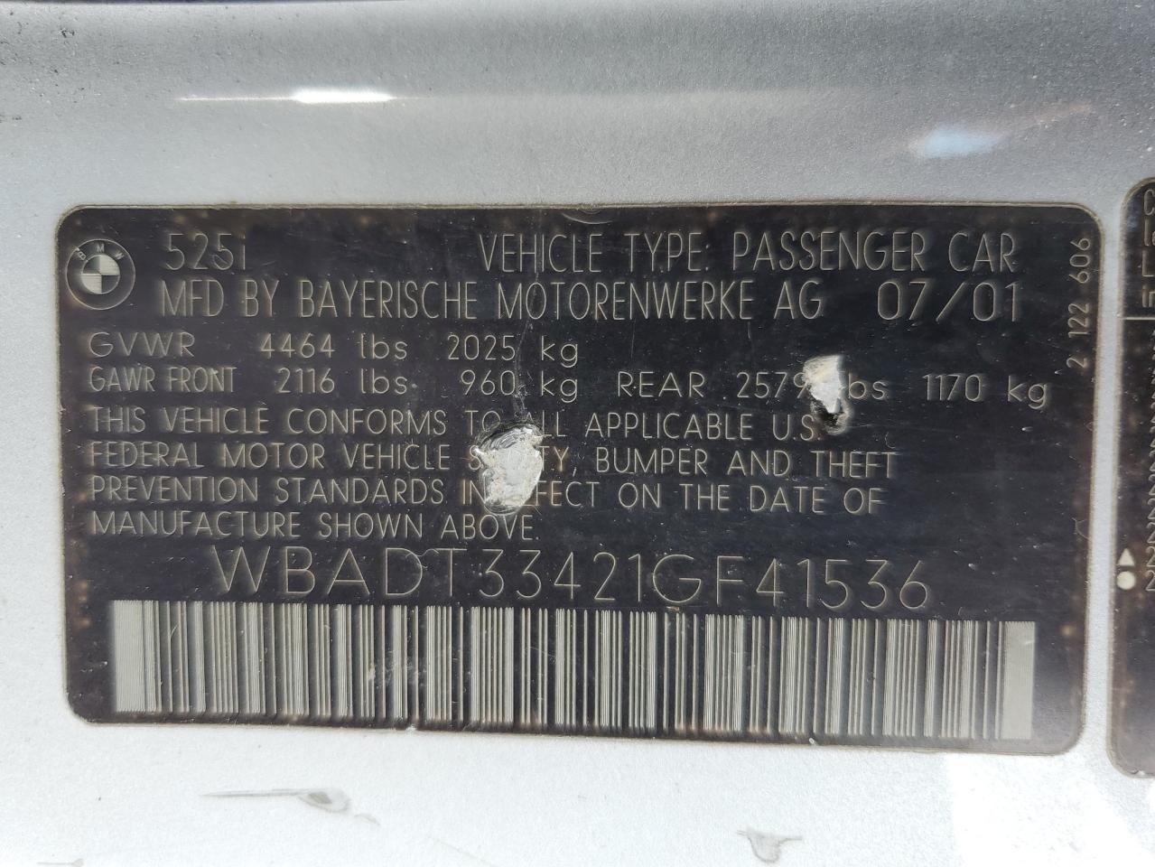 2001 BMW 525 I VIN: WBADT33421GF41536 Lot: 66105825