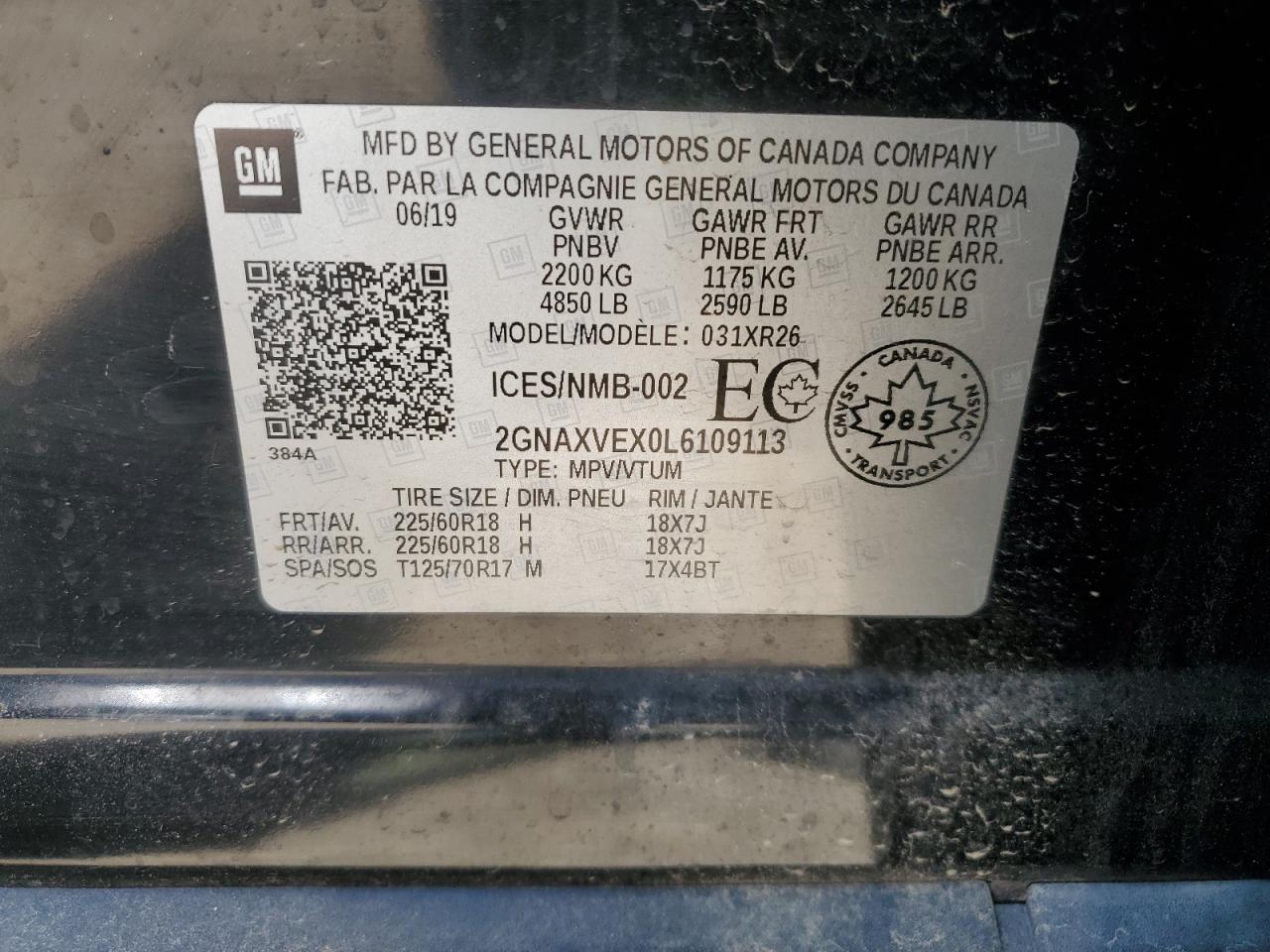 2020 Chevrolet Equinox Lt VIN: 2GNAXVEX0L6109113 Lot: 65385025