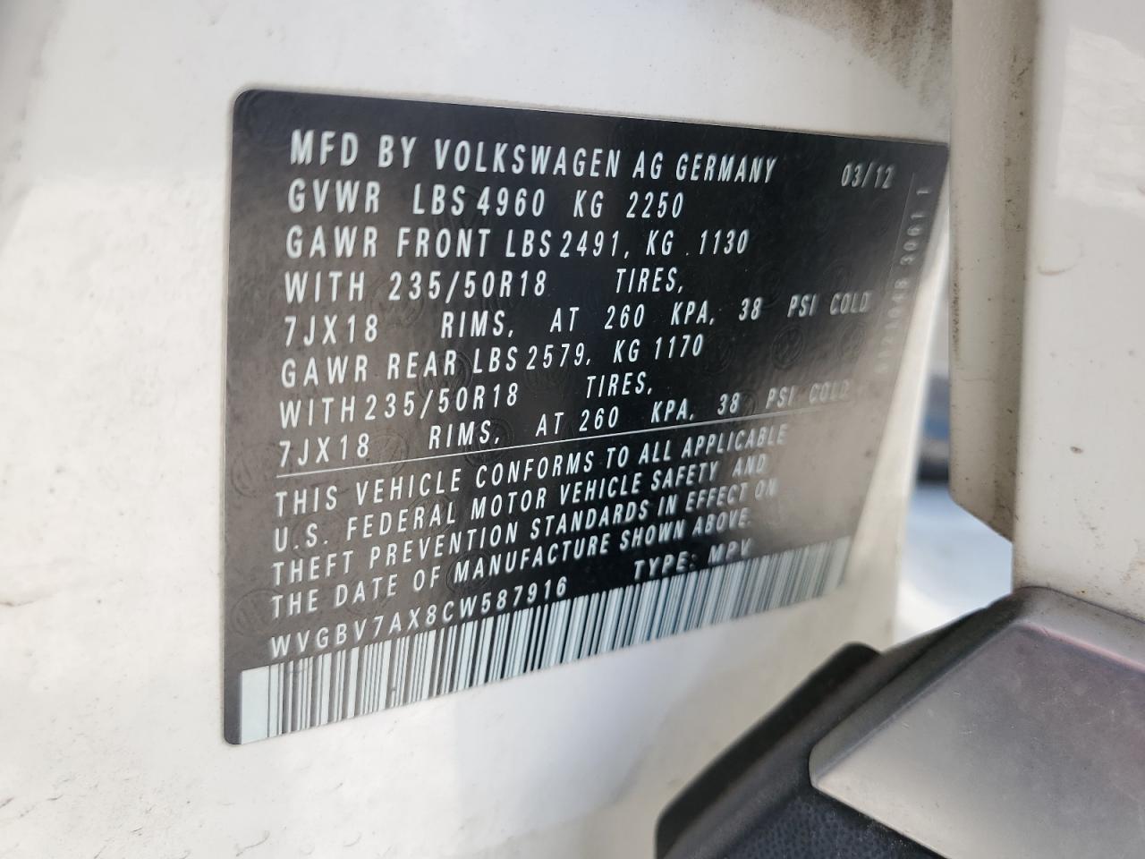 2012 Volkswagen Tiguan S VIN: WVGBV7AX8CW587916 Lot: 64815775