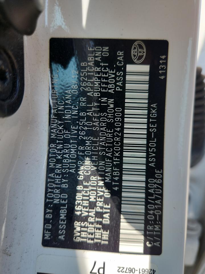 2012 Toyota Camry Base VIN: 4T4BF1FK0CR240900 Lot: 65225775