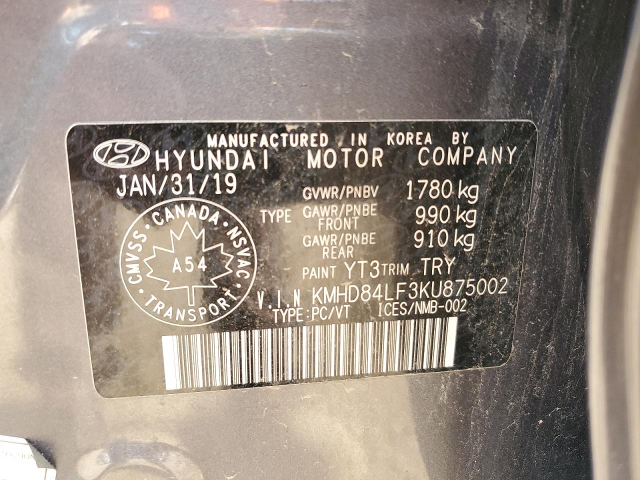 2019 Hyundai Elantra Sel VIN: KMHD84LF3KU875002 Lot: 64934815
