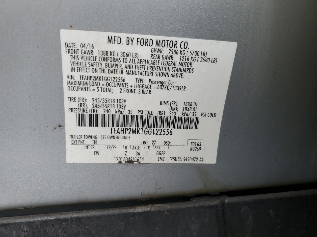 2016 Ford Taurus Police Interceptor VIN: 1FAHP2MK1GG122556 Lot: 64599525