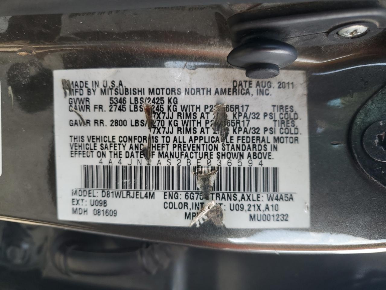 2011 Mitsubishi Endeavor Ls VIN: 4A4JN2AS2BE036594 Lot: 63915095