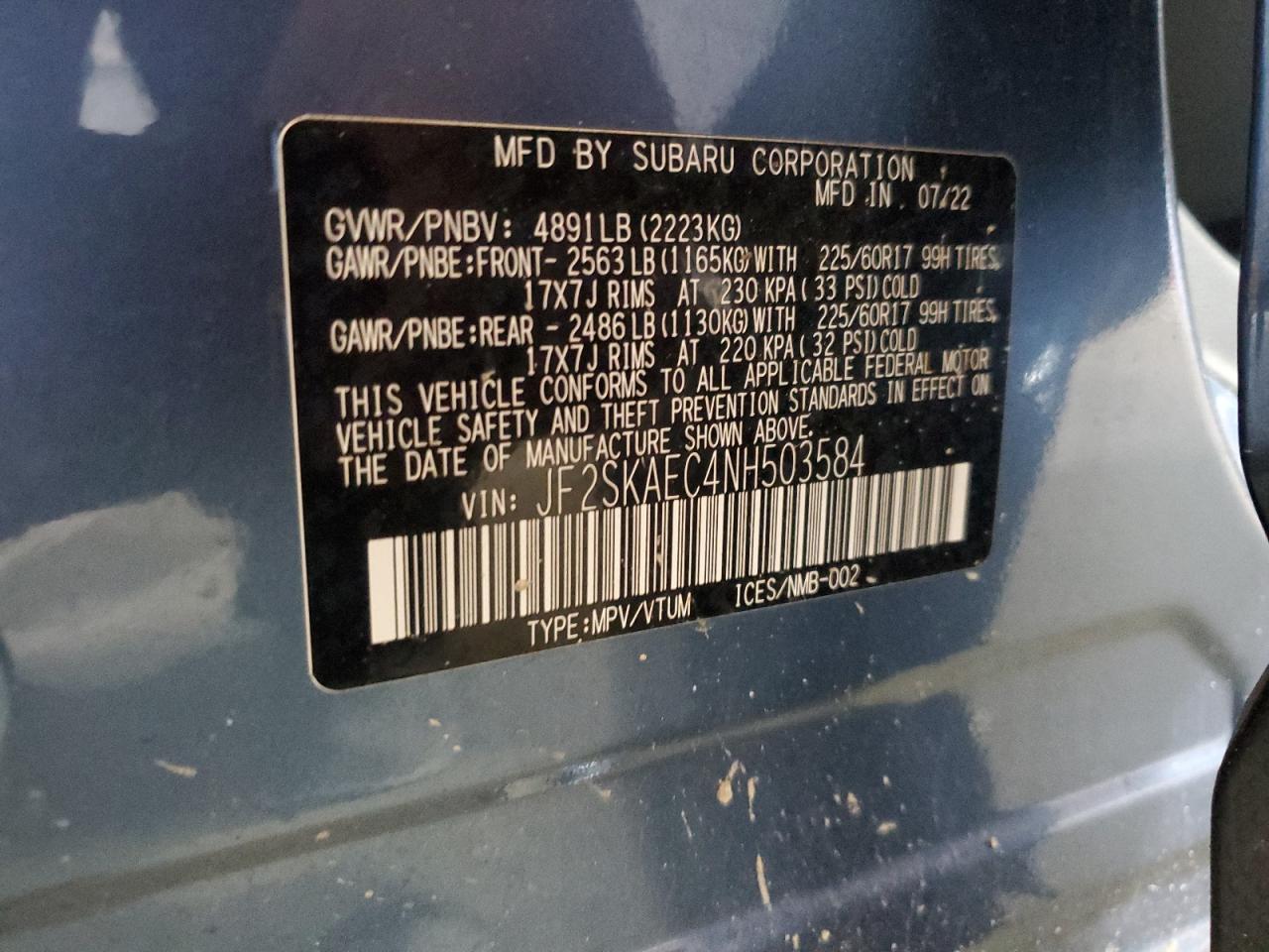 2022 Subaru Forester Premium VIN: JF2SKAEC4NH503584 Lot: 64584405