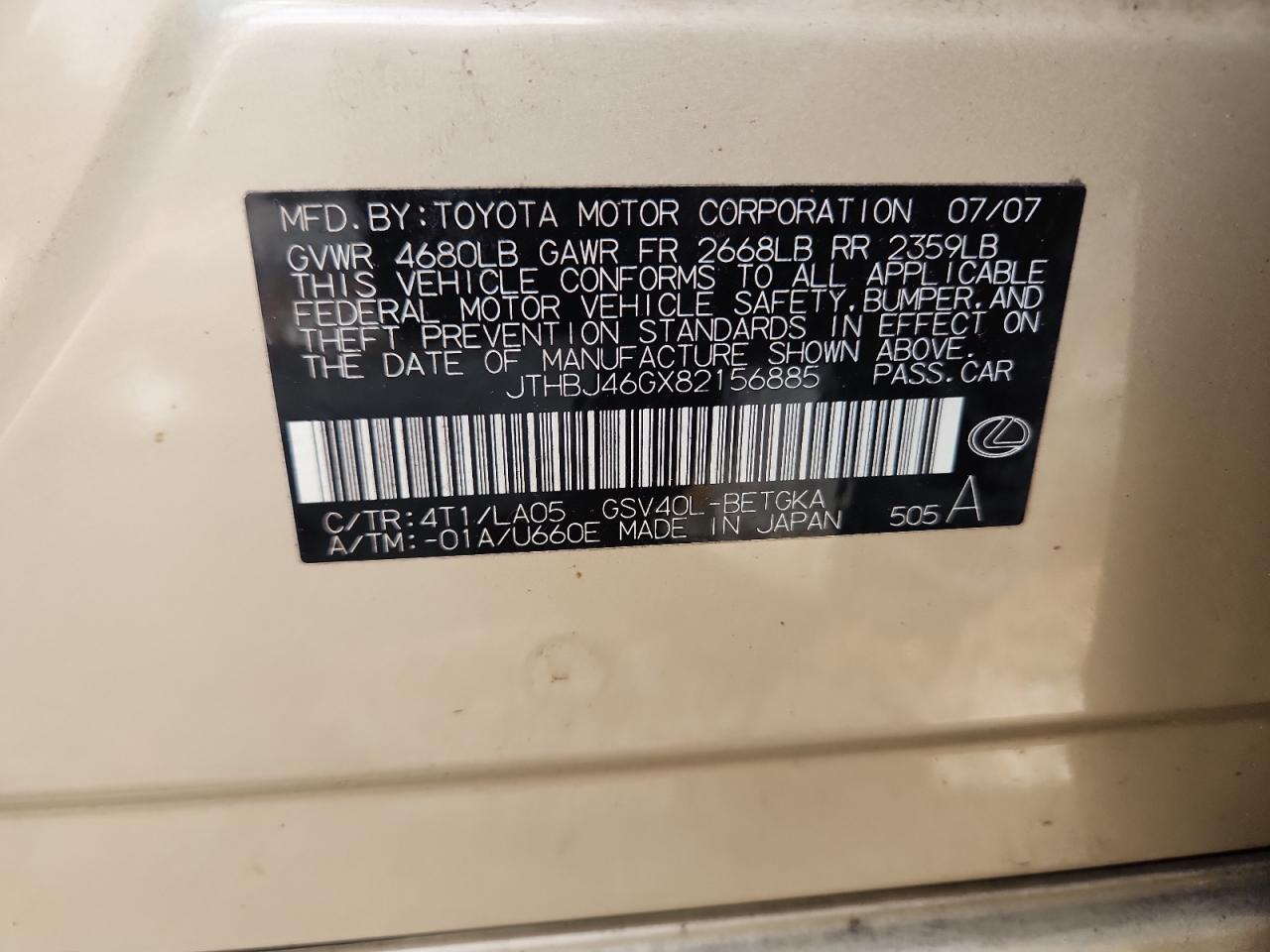2008 Lexus Es 350 VIN: JTHBJ46GX82156885 Lot: 64335425