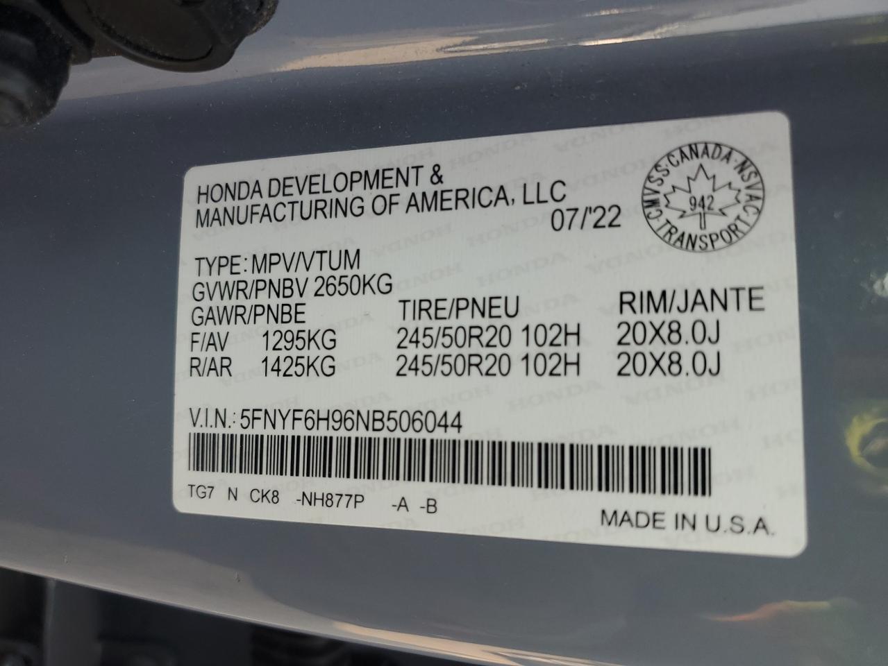 2022 Honda Pilot Touring VIN: 5FNYF6H96NB506044 Lot: 64938085
