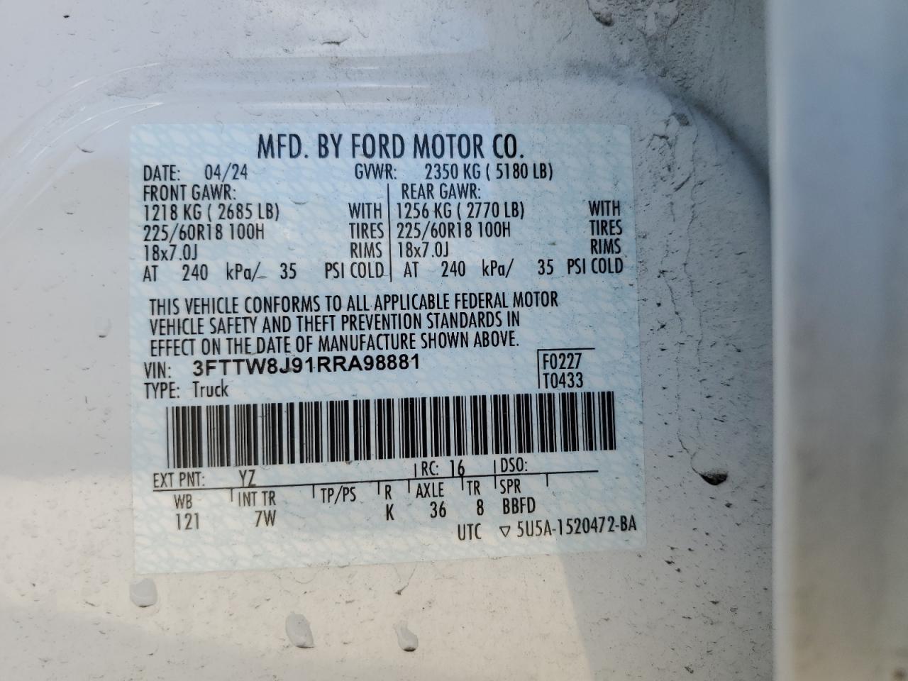 3fttw8j91rra98881 3FTTW8J91RRA98881 2024 Ford Maverick Xlt